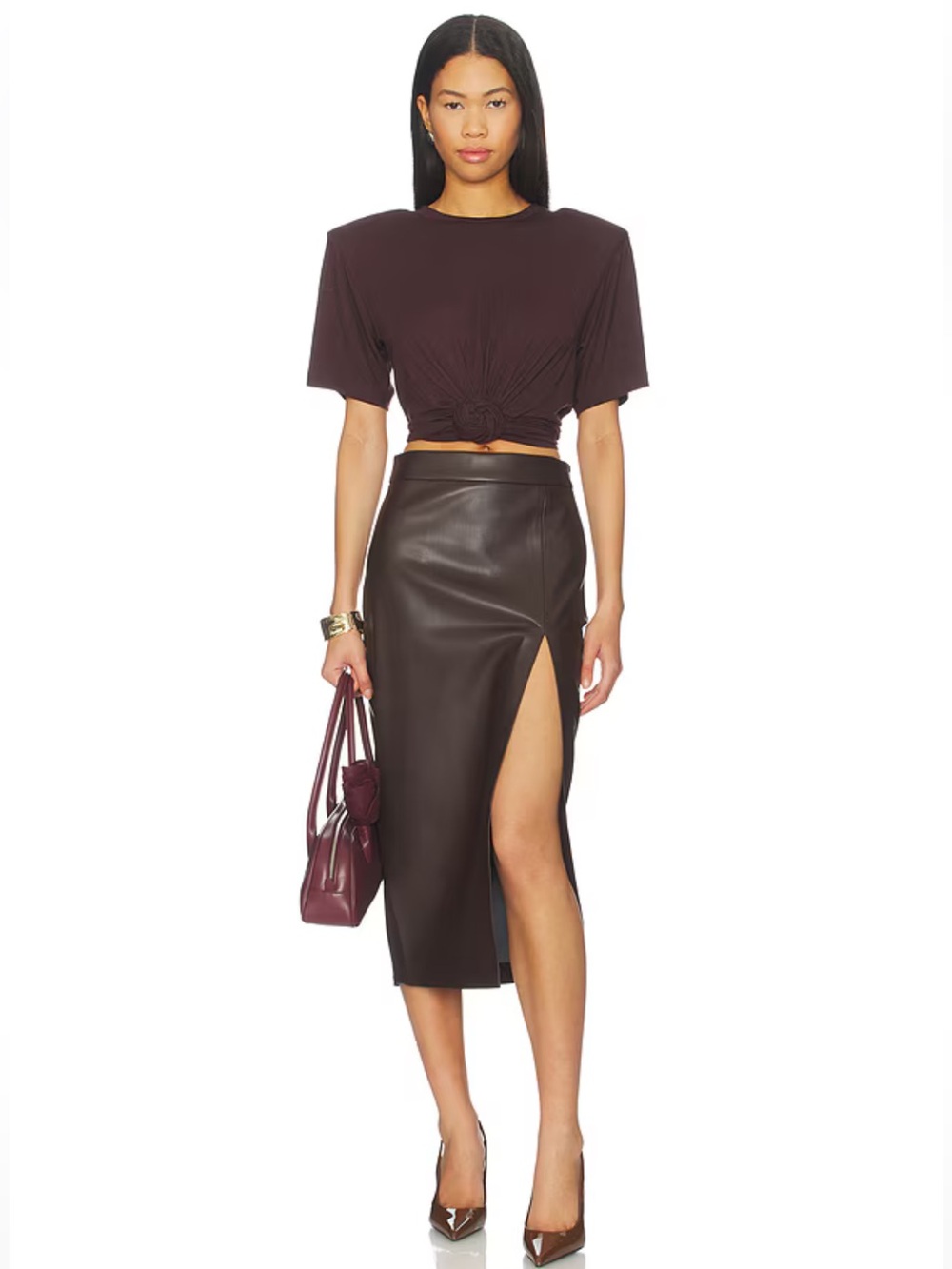 Susana Monaco Faux Leather Slit Skirt in Java
